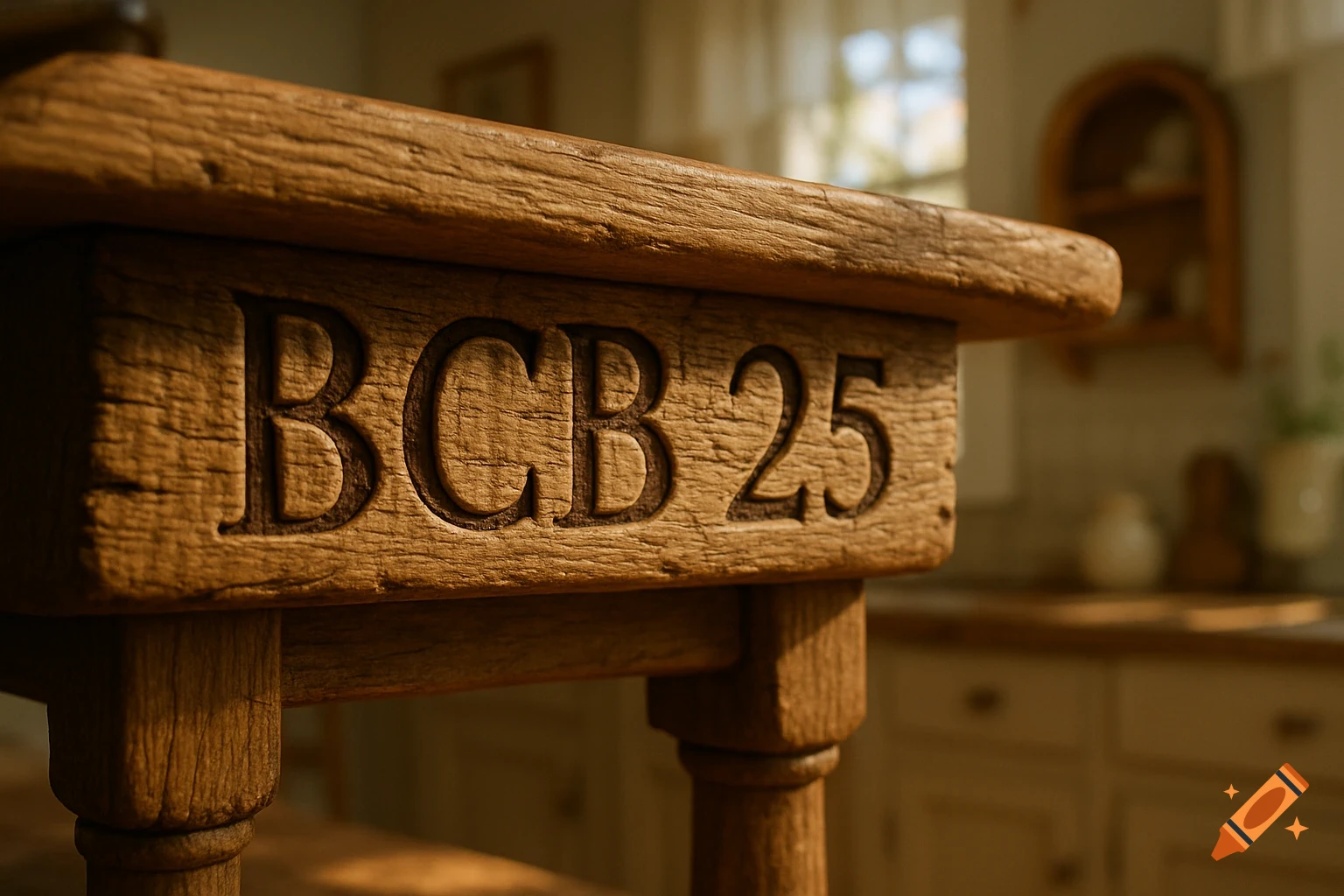 Close-up photorealistic shot of 'BCB 25' carved into the side of a rustic wooden table in a sunlit kitchen.