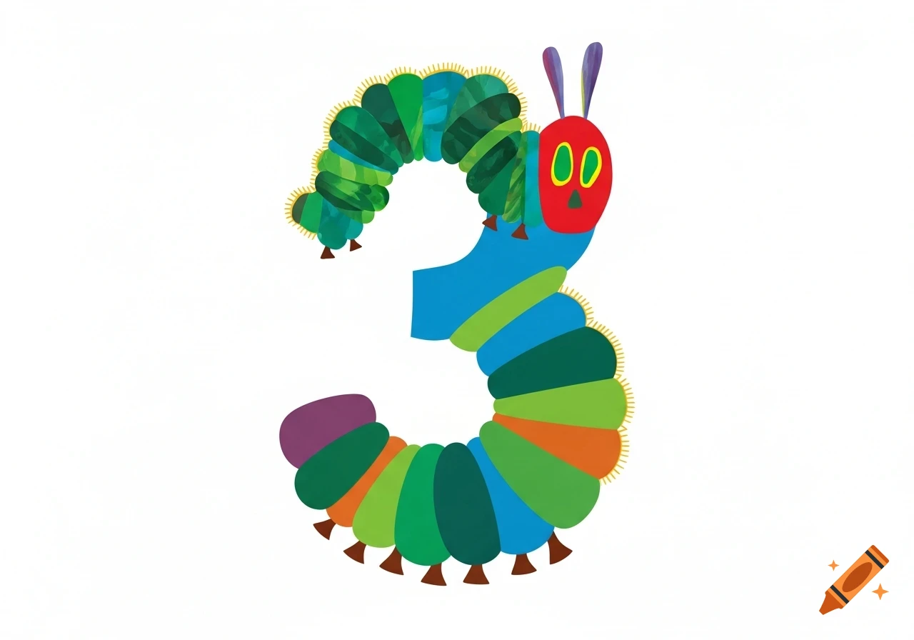 A colorful caterpillar resembling The Very Hungry Caterpillar, forming the shape of the number three against a white background.