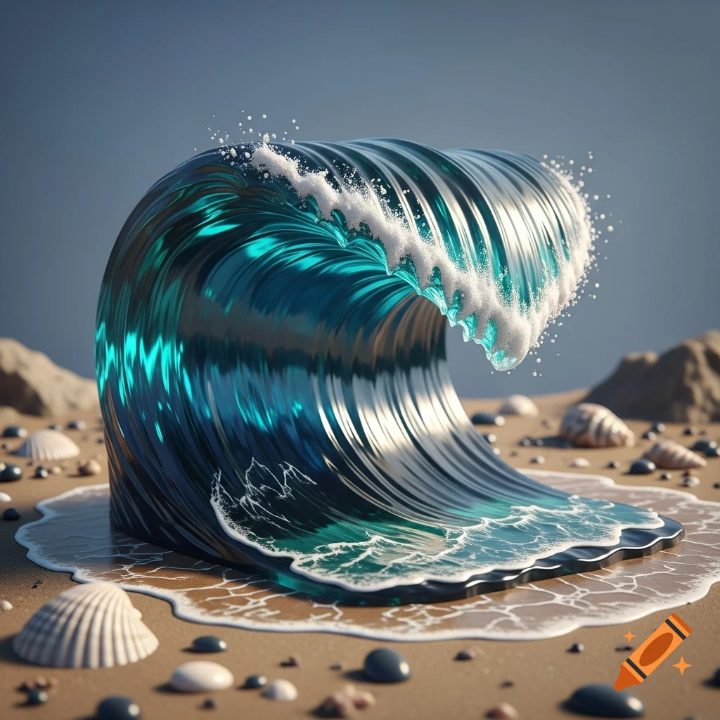 A glossy, translucent blue wave sculpted in the shape of a cresting wave stands on a sandy beach scattered with seashells.