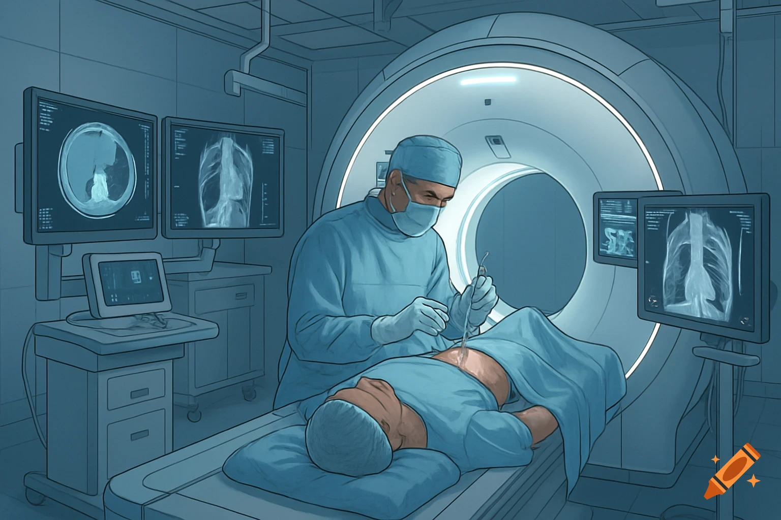 A surgeon performs a CT-guided biopsy on a patient, surrounded by medical monitors and a CT scanner in an illustrative style.