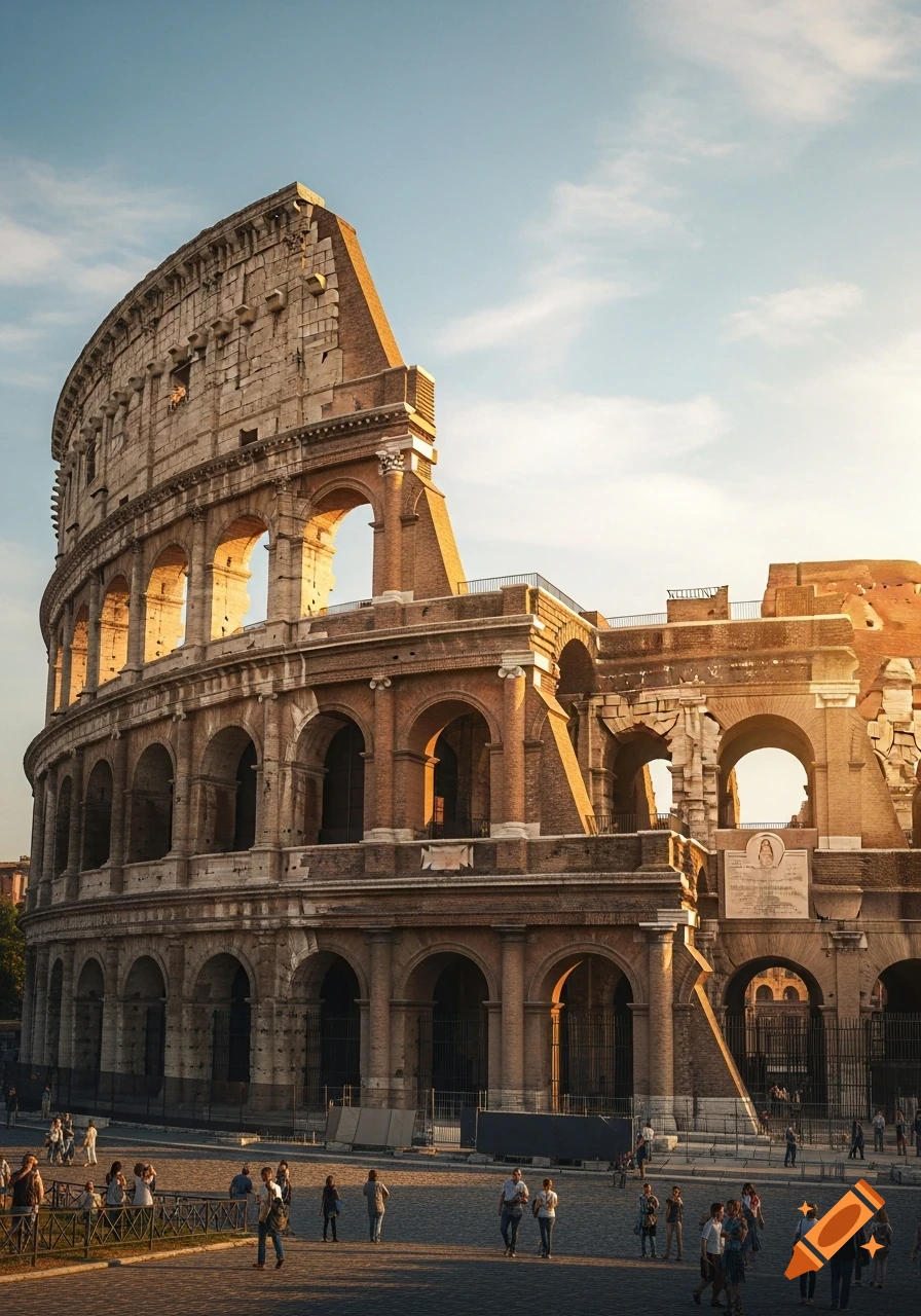 A photorealistic vertical shot of the ancient Roman Colosseum at sunset, with many people milling about in the foreground.
