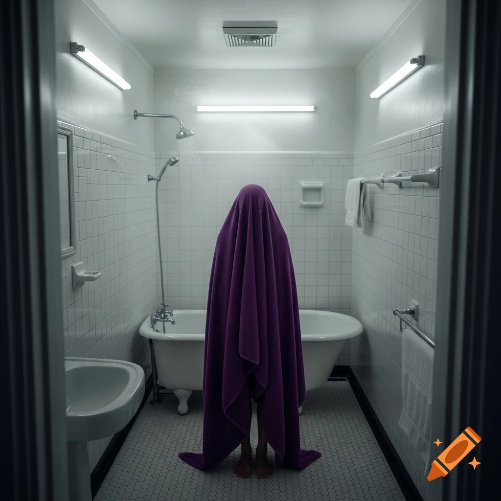 Ominous photo of a person draped in a deep violet towel, only bare feet visible, standing in a white-tiled vintage bathroom with a running shower.