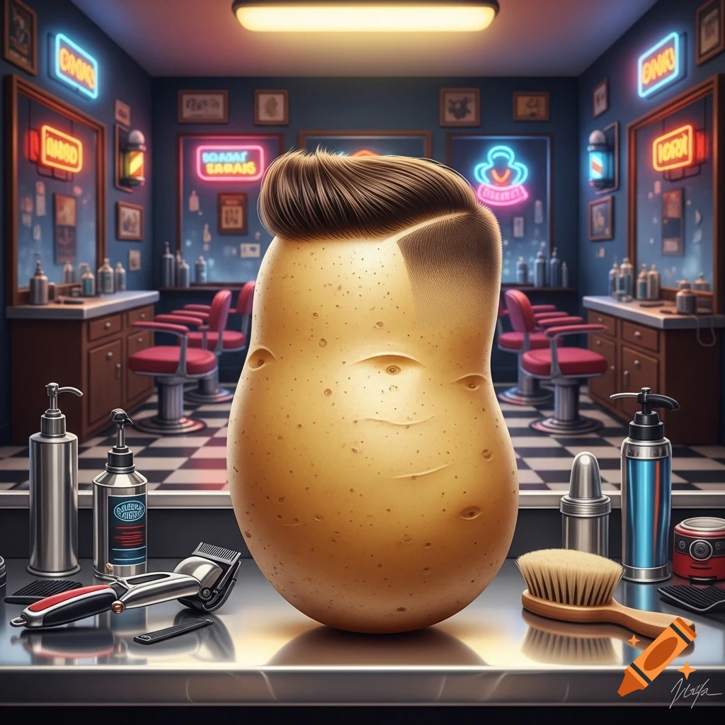 A potato with a bald fade haircut sits on a barbershop counter surrounded by grooming tools, with neon signs in the background.