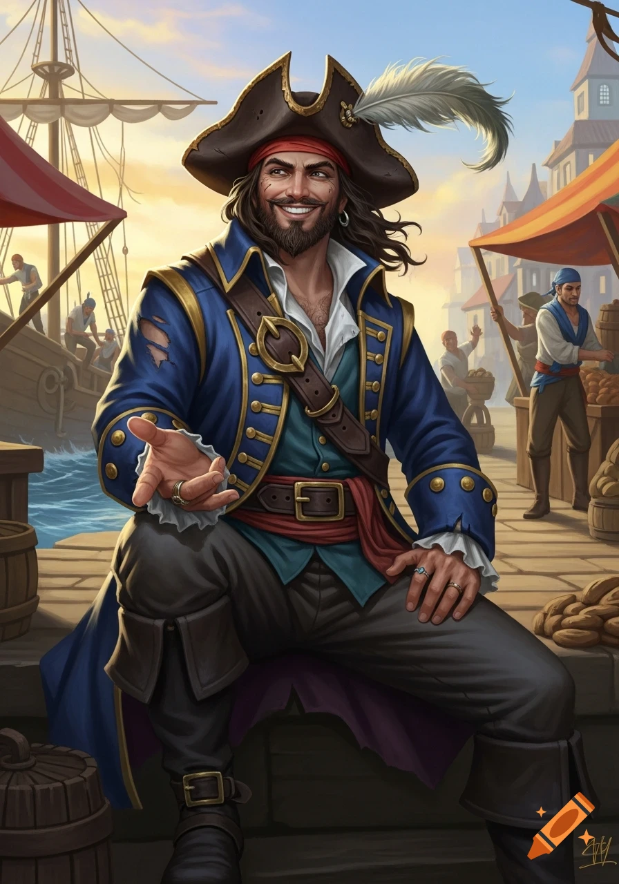 A smiling pirate with a beard and a feathered tricorn hat sits on a dock, extending his hand. Ships and market stalls are in the background.