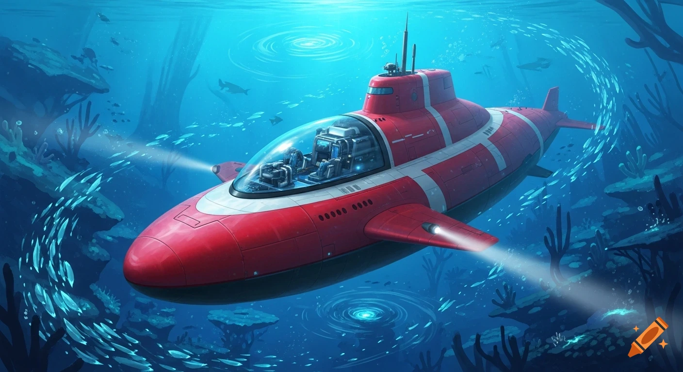 A futuristic red and white submarine with a clear cockpit explores a vibrant coral reef in the deep blue ocean.