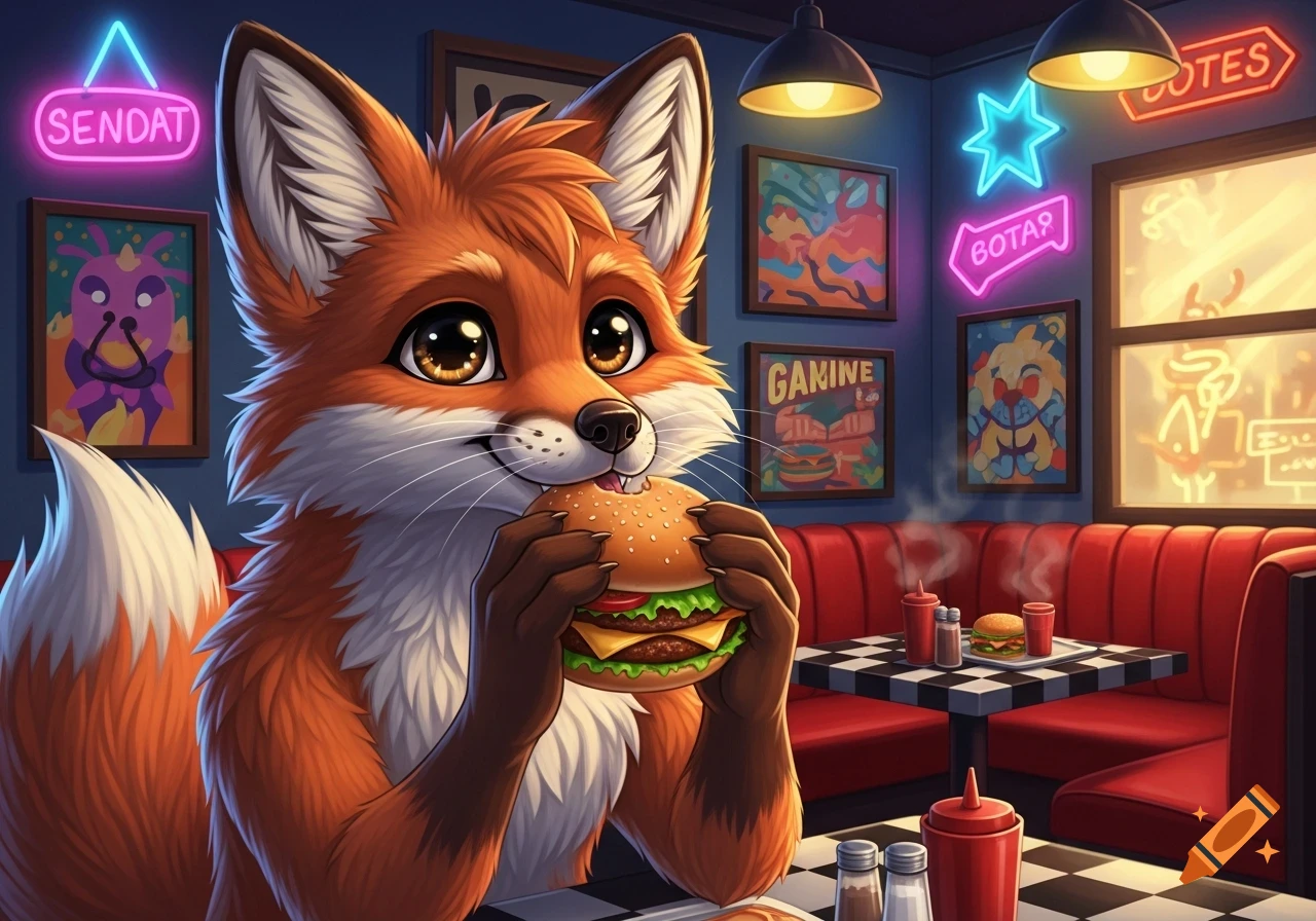 A cute, anthropomorphic orange fox happily eats a large burger in a retro diner with red booths and neon signs.
