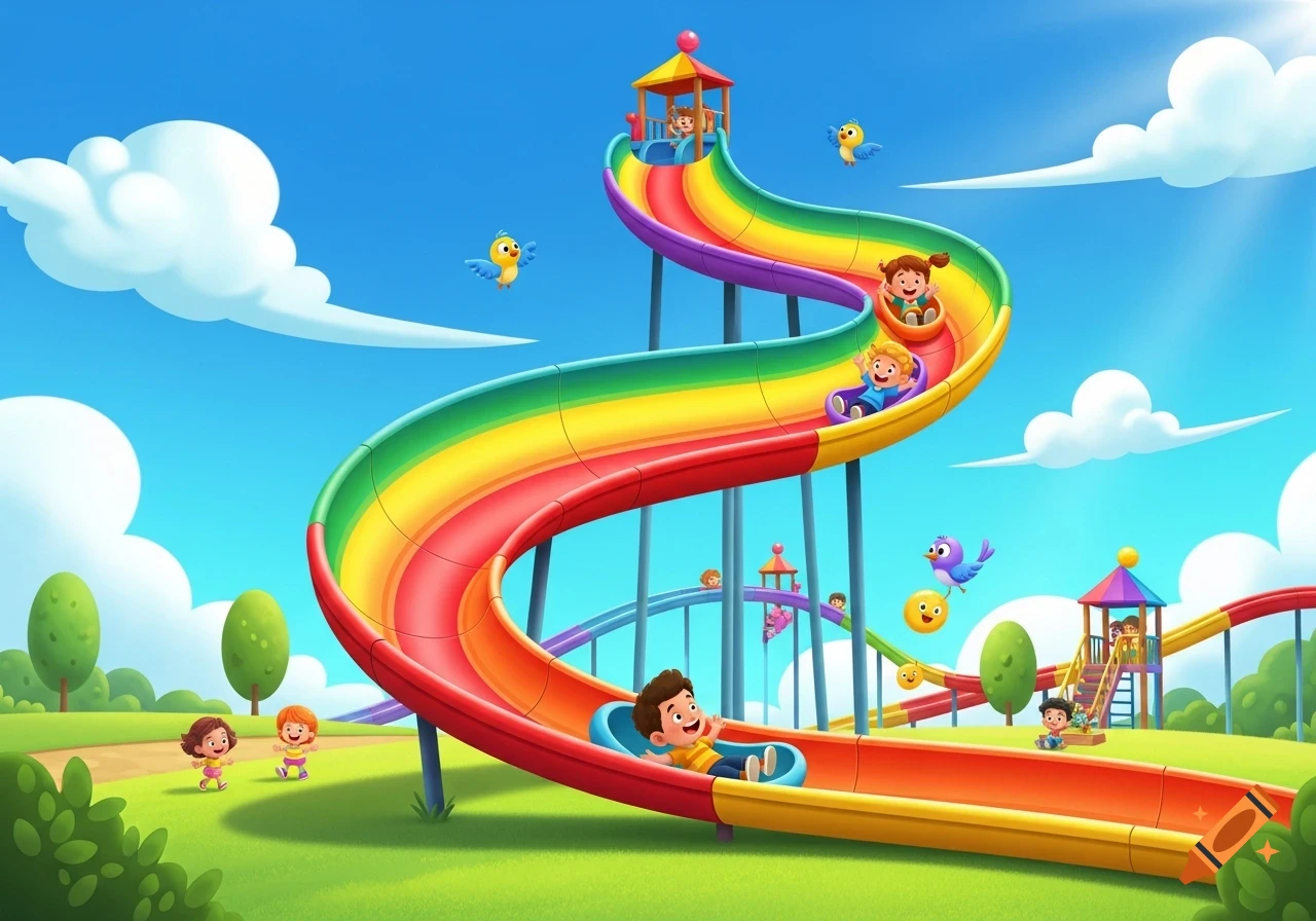 Cartoon illustration of happy children sliding down a vibrant rainbow spiral waterslide in a sunny park with birds.