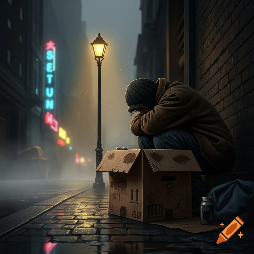 A person hunched over a box on a wet city street under a lamppost, with blurry neon signs in the misty background, digital art.