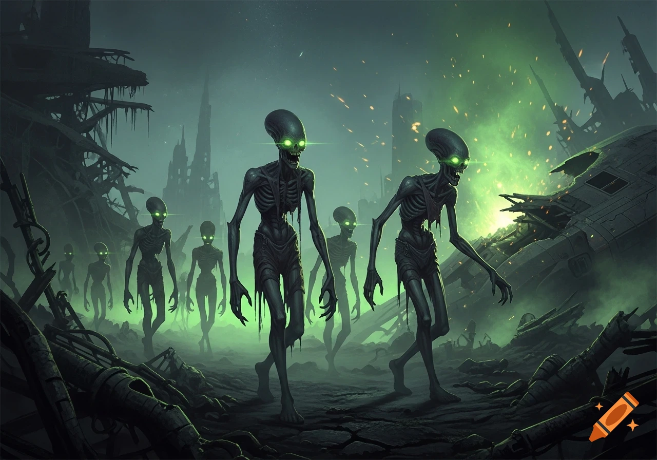 Skeletal alien zombies with glowing green eyes march through a misty, ruined, dark sci-fi landscape under a green light. Digital art.