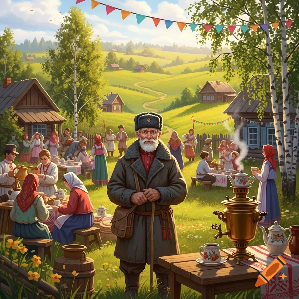 An old man in traditional Russian clothing stands at a vibrant village festival with people, wooden houses, and green hills.