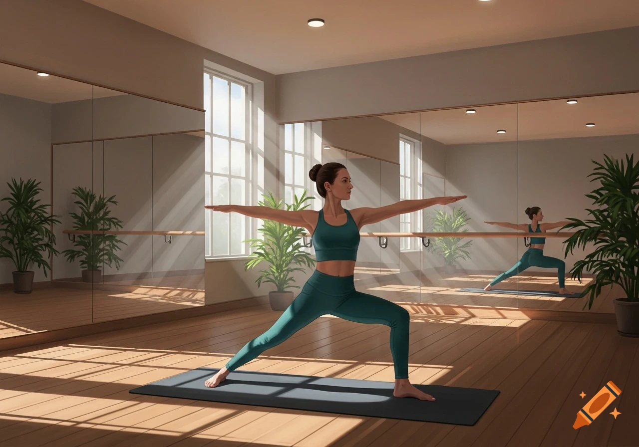 A woman in teal workout gear performs a warrior pose on a yoga mat in a sunny yoga studio with mirrors and plants.