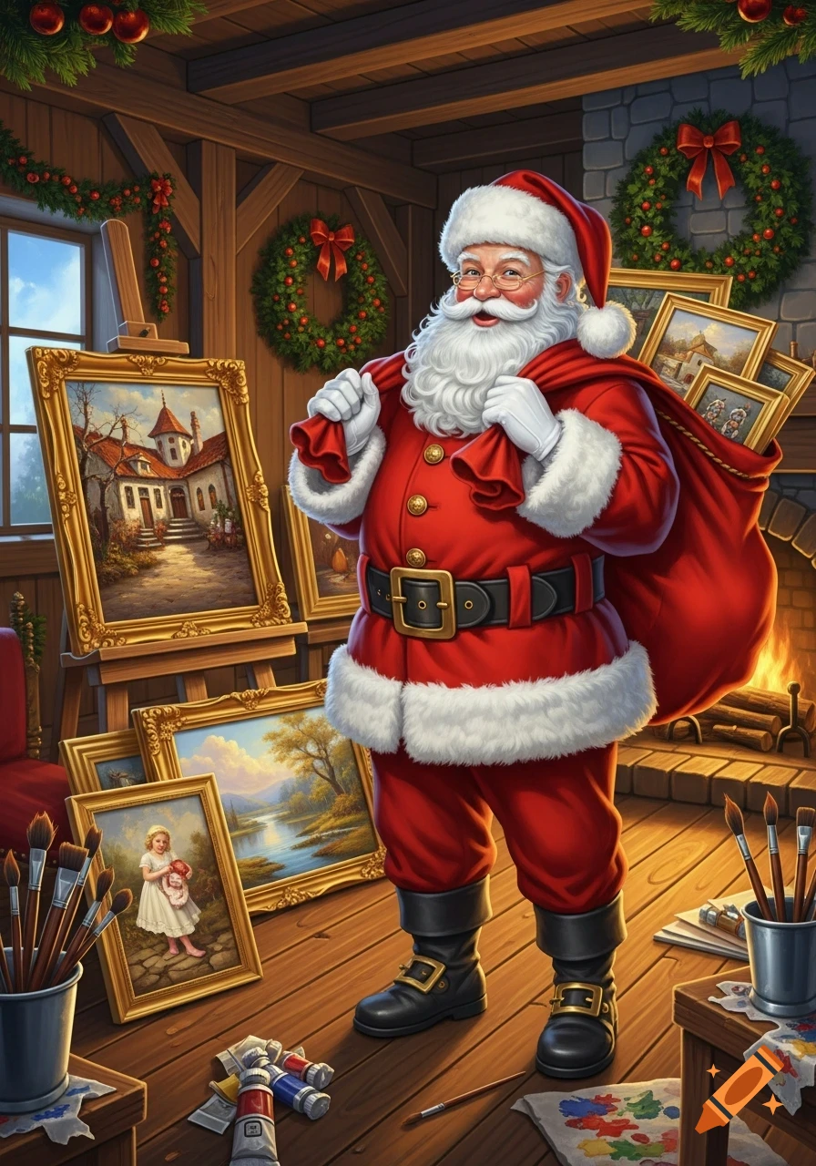 Santa Claus stands in an art studio, holding a red sack filled with paintings over his shoulder. Easels display framed oil paintings of landscapes and a child, surrounded by brushes, paints, and Christmas decorations.