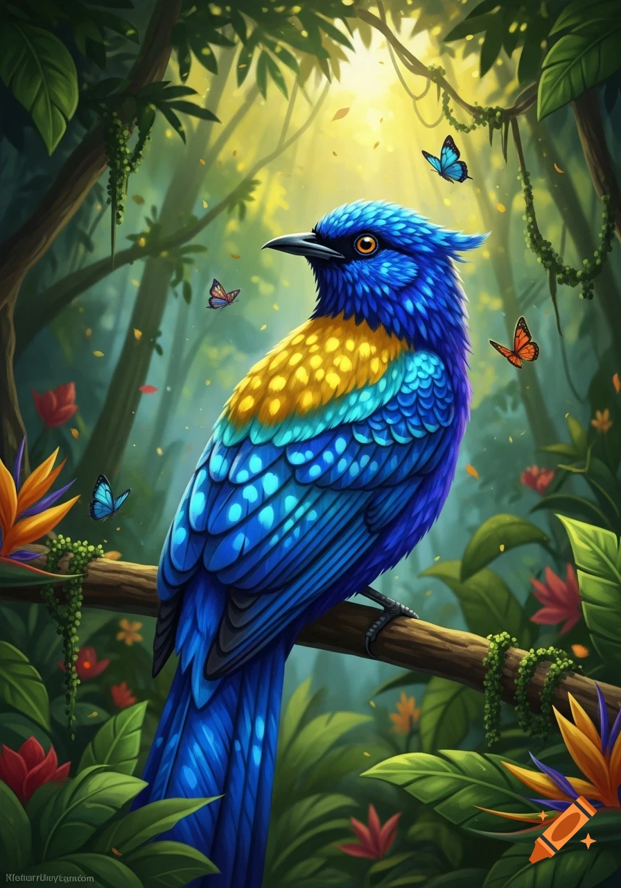 Vibrant blue and yellow bird with a crest perches on a branch in a sunlit, lush green jungle with butterflies and tropical flowers.
