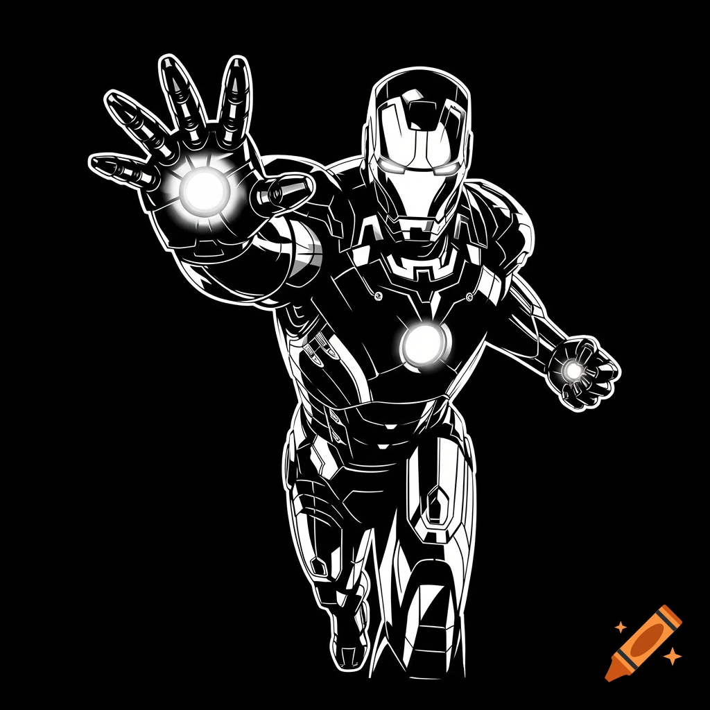 Iron Man in a dynamic action pose, depicted in a striking black and white stencil art style with glowing white energy effects.