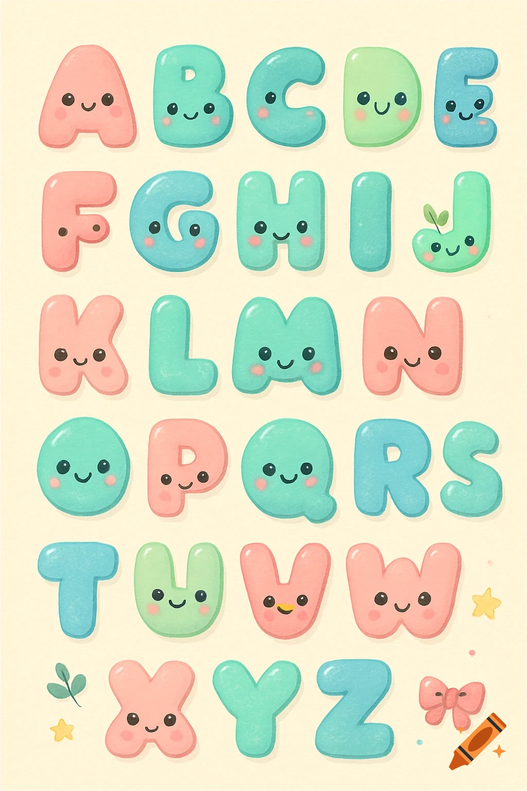 A colorful kawaii alphabet with cute smiling faces on each letter, rendered in soft pastel pink, green, and blue hues on a light background.