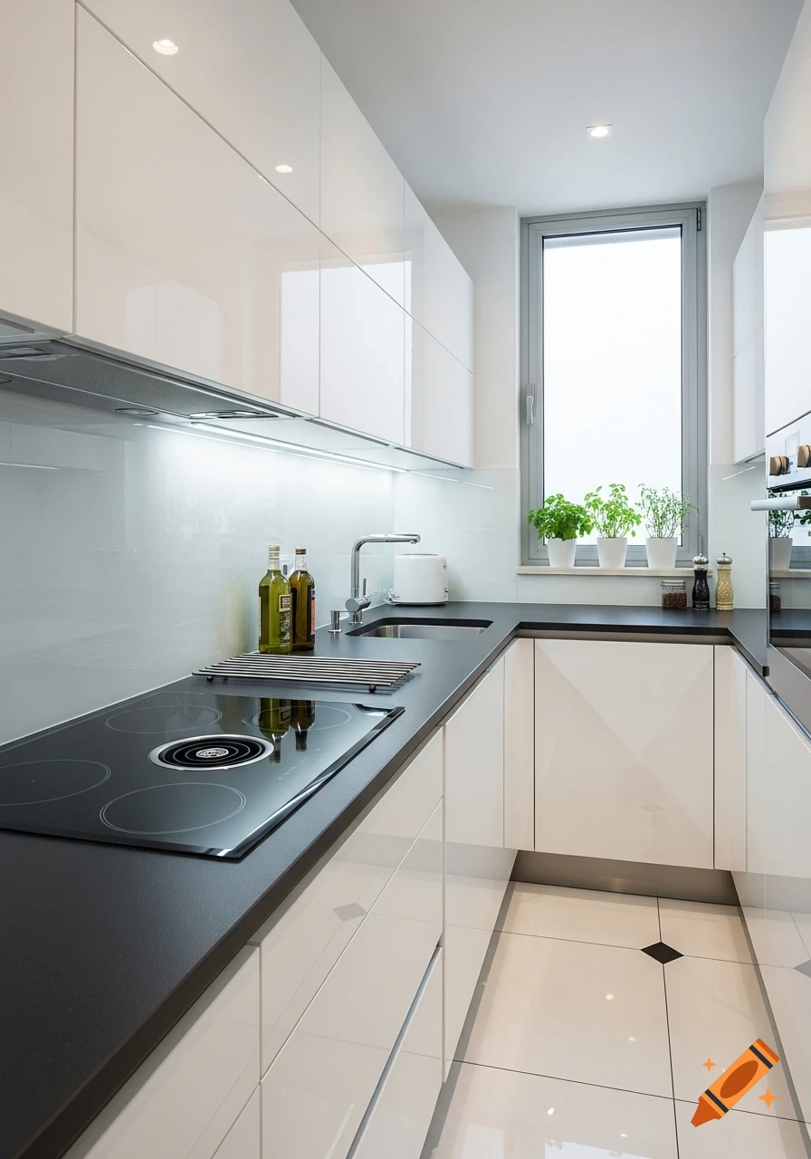 A clean, modern kitchen featuring white cabinets, dark grey countertops, an induction cooktop, and potted plants on a window sill.