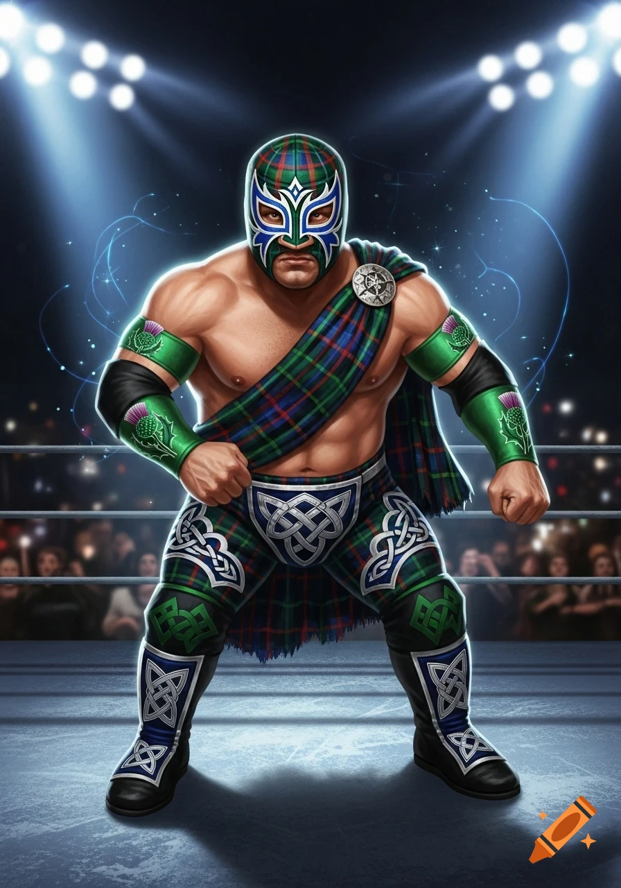 A muscular Scottish luchador in a green and blue tartan mask and kilt stands in a wrestling ring under bright spotlights, ready for a fight.
