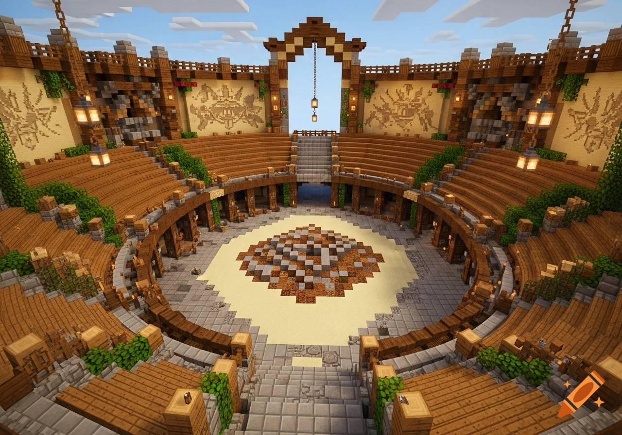 An elaborate Minecraft combat arena features concentric wooden seating, stone paths, and a patterned dirt and sand floor.