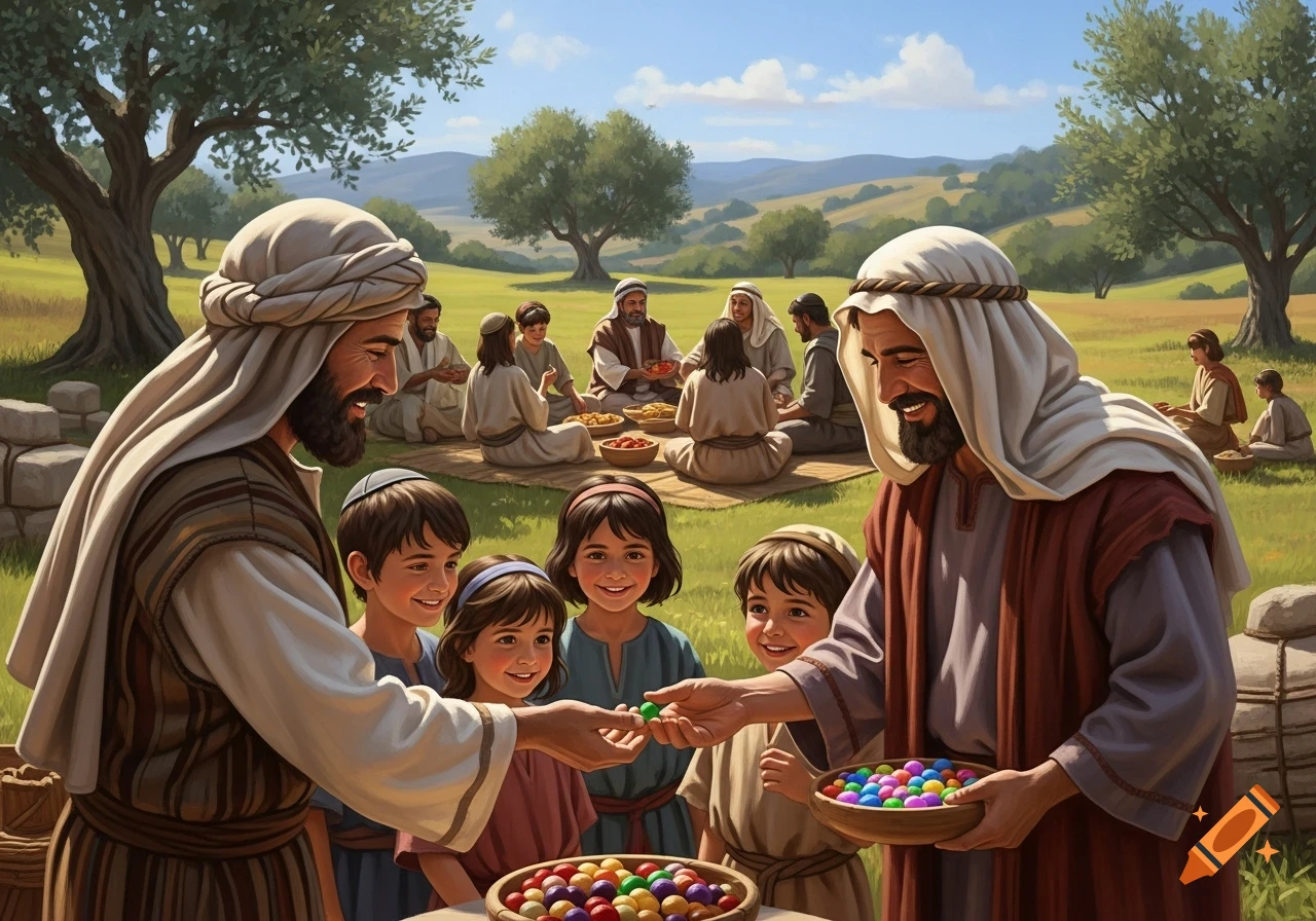 Painted scene of men in robes giving colorful candies to smiling children in a grassy field with others picnicking under olive trees.