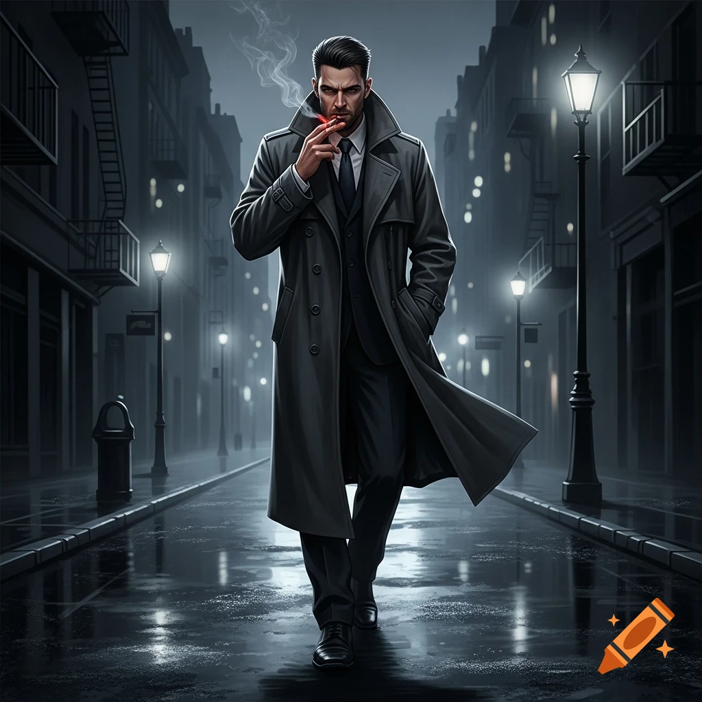 A man in a long coat walks down a dark, rainy city street at night, smoking a cigarette.