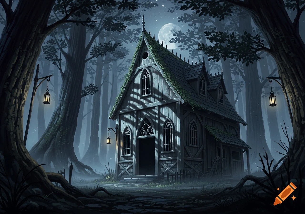 A dark, atmospheric painting of a gothic house nestled deep in a moonlit forest, with lanterns hanging from trees.