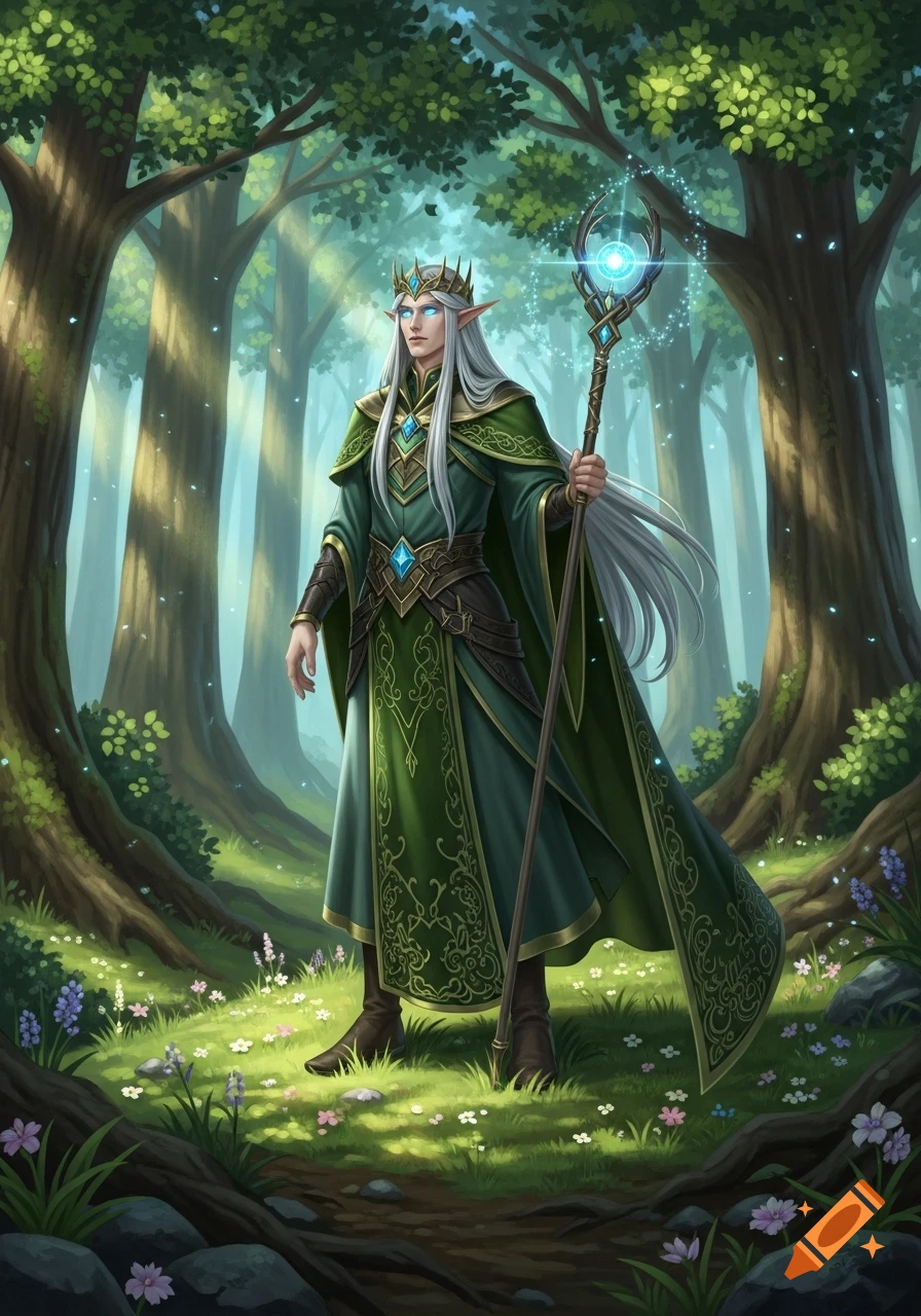 A majestic king elf with long white hair, a crown, and green robes holds a glowing staff in a magical forest.