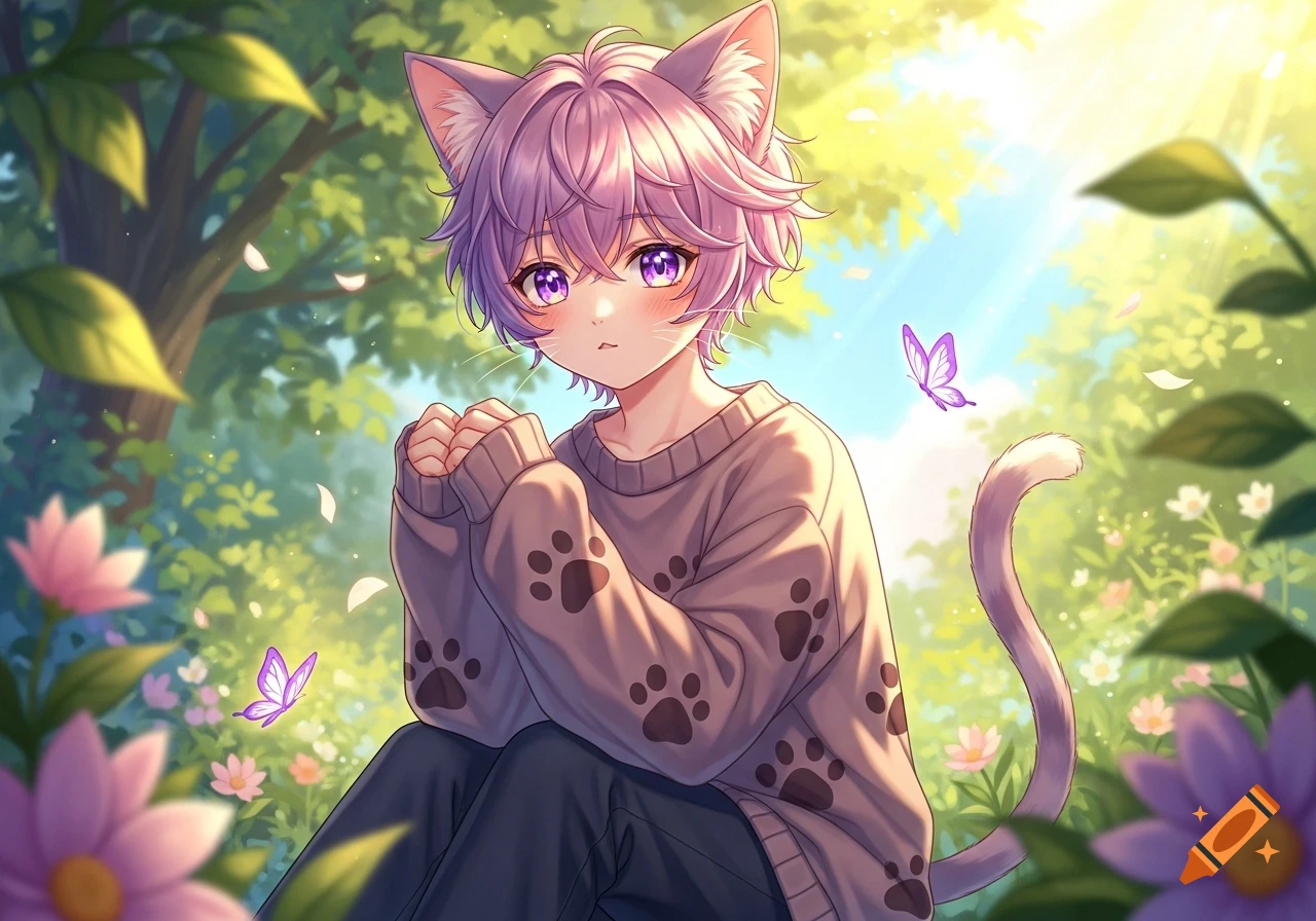 An anime cat boy with lavender hair and purple eyes, wearing a paw print sweater, sits in a sunny forest with butterflies and flowers.