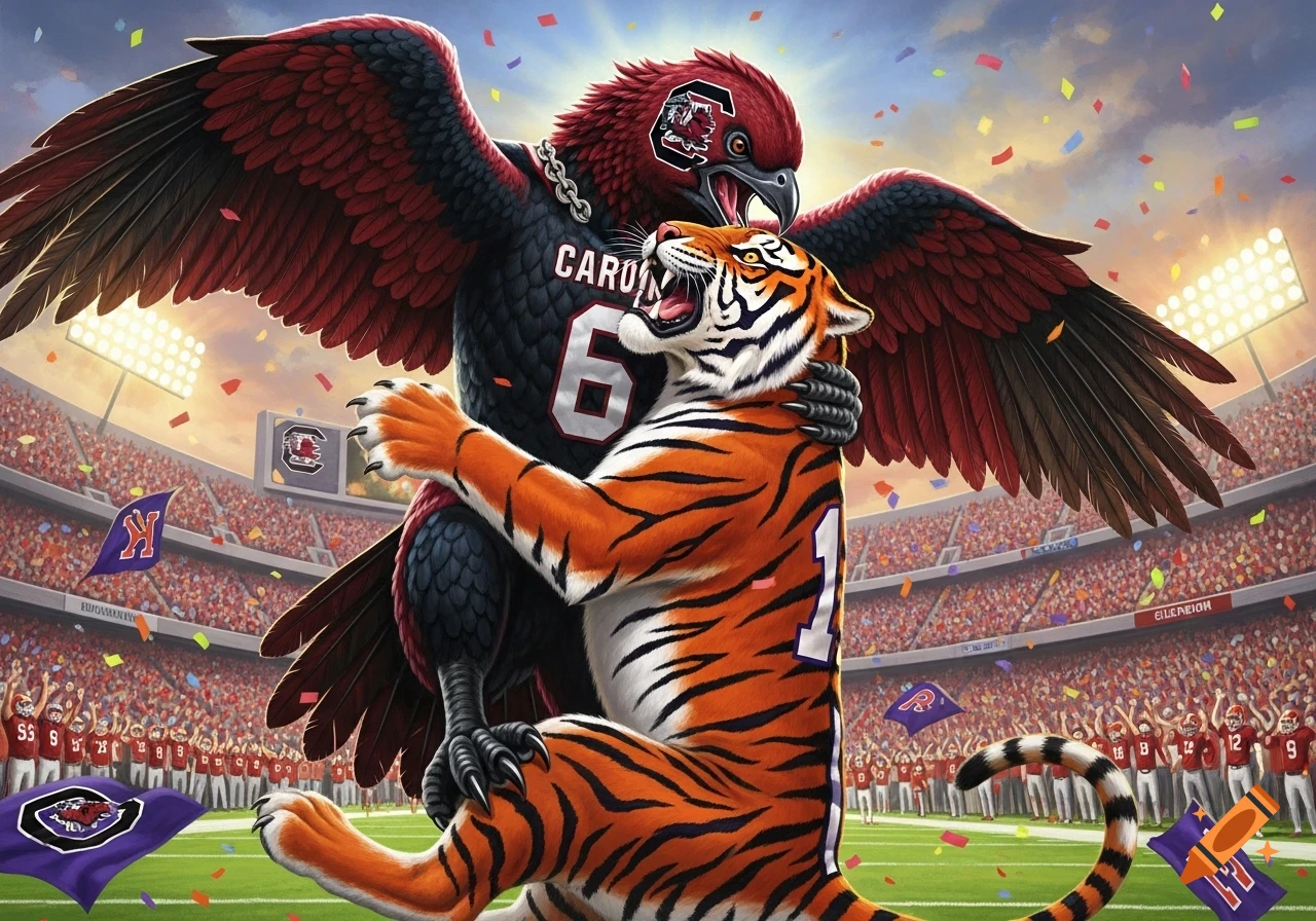 A cartoon red gamecock and an orange tiger mascot hug on a football field filled with confetti, surrounded by a cheering stadium crowd at sunset.
