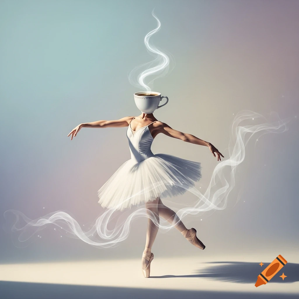 A graceful ballerina in a white tutu with a steaming coffee cup as a head, dancing en pointe on a soft gradient background.