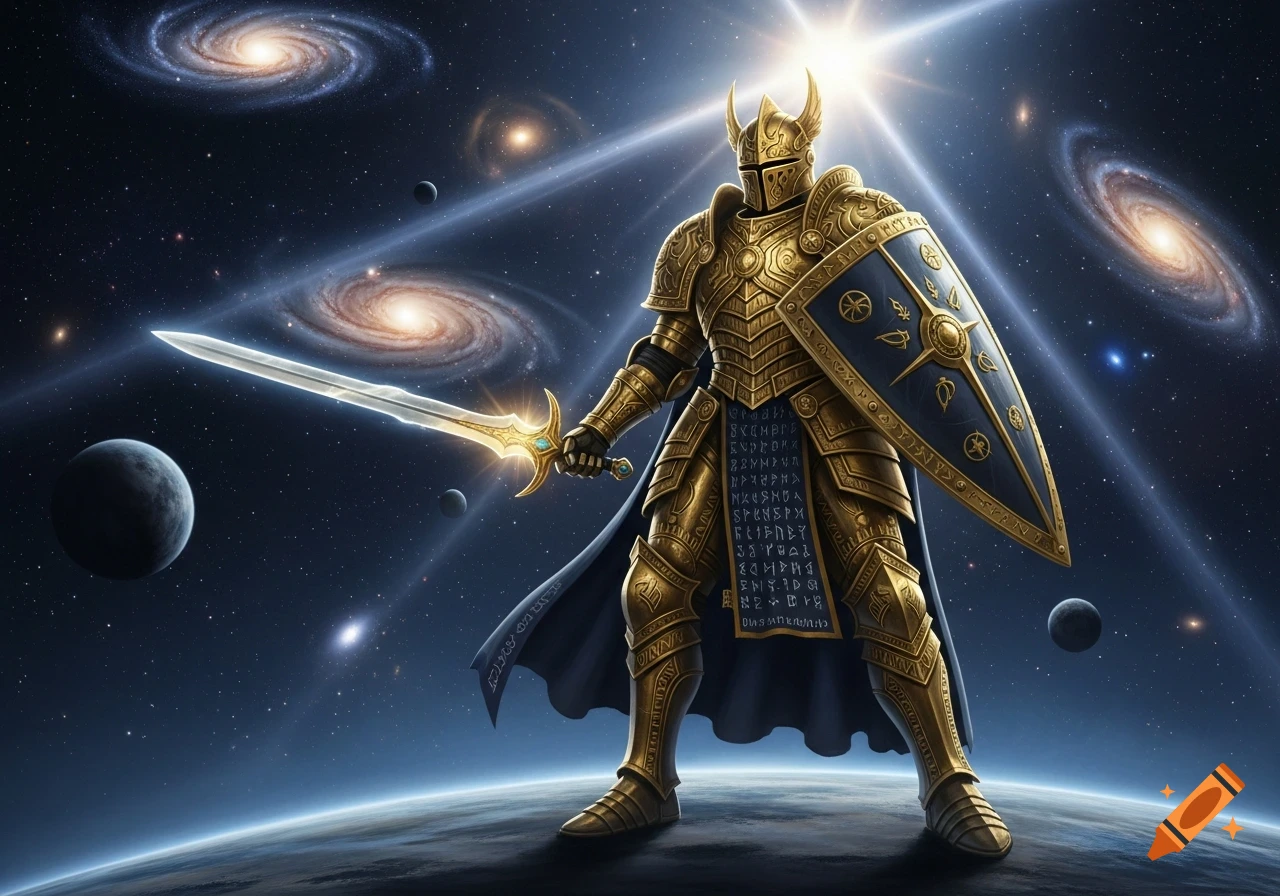 A golden knight in ornate armor holds a sword and shield, standing on a small planet in space with galaxies and stars.