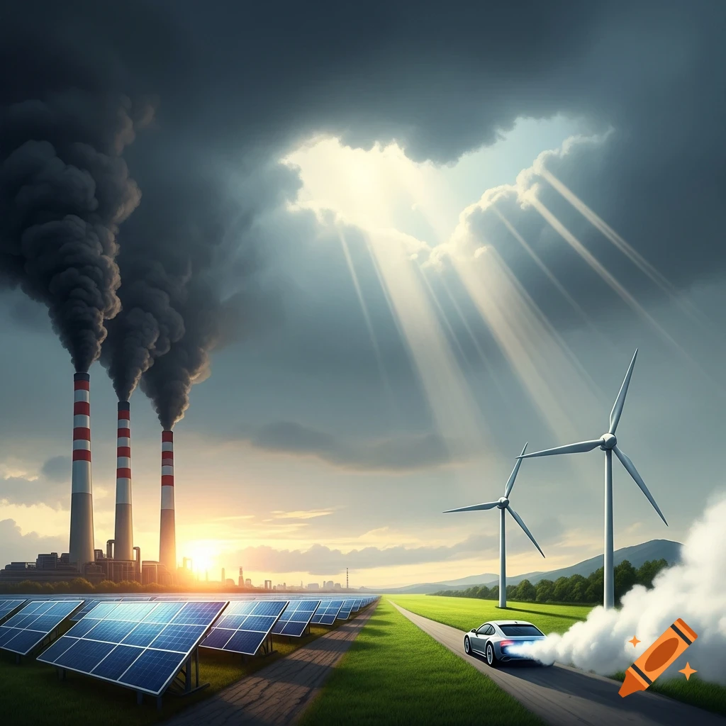 Industrial chimneys emitting dark smoke near solar panels, wind turbines, and a car on a road under a dramatic, contrasting sky.