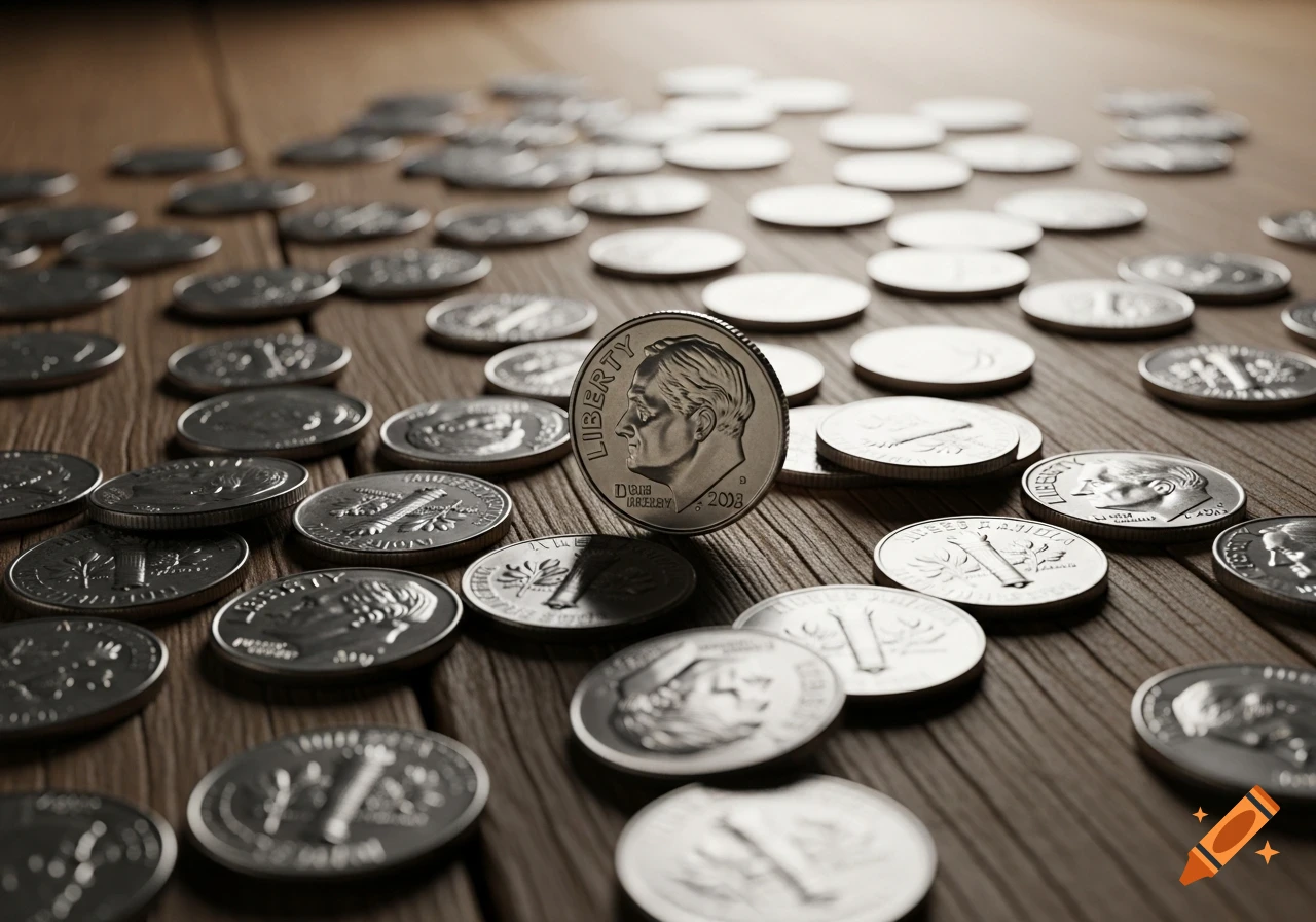 A standing dime surrounded by other dimes scattered across a wooden surface, rendered in a photorealistic style.