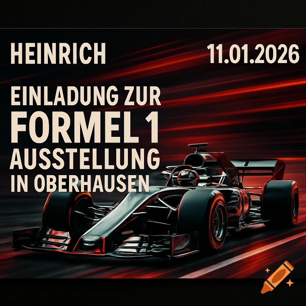 A dark Formula 1 car on a red-streaked track with white German text "EINLADUNG ZUR FORMEL 1 AUSSTELLUNG IN OBERHAUSEN", "HEINRICH", and "11.01.2026".
