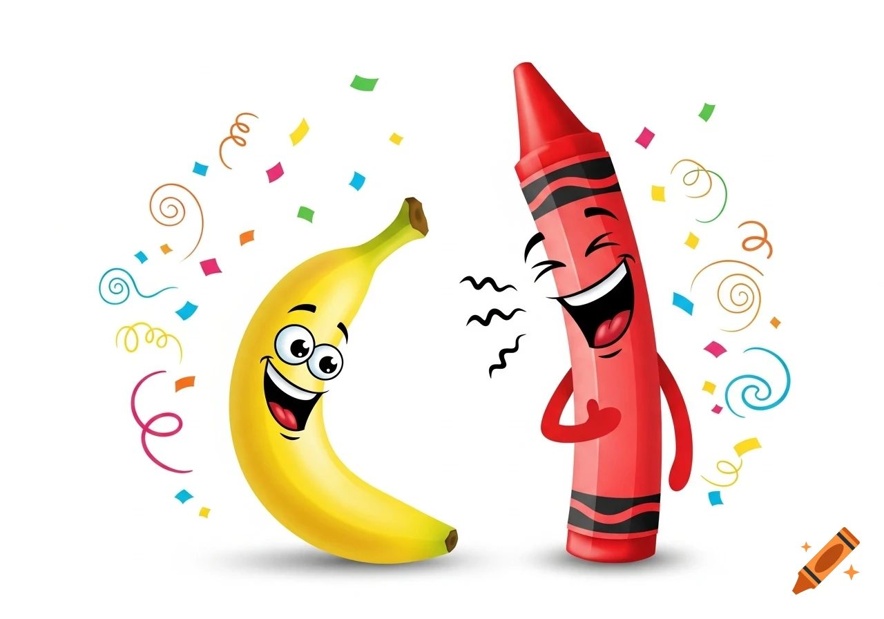 A cheerful red crayon laughs at a smiling yellow banana amidst colorful confetti in a cartoon style.