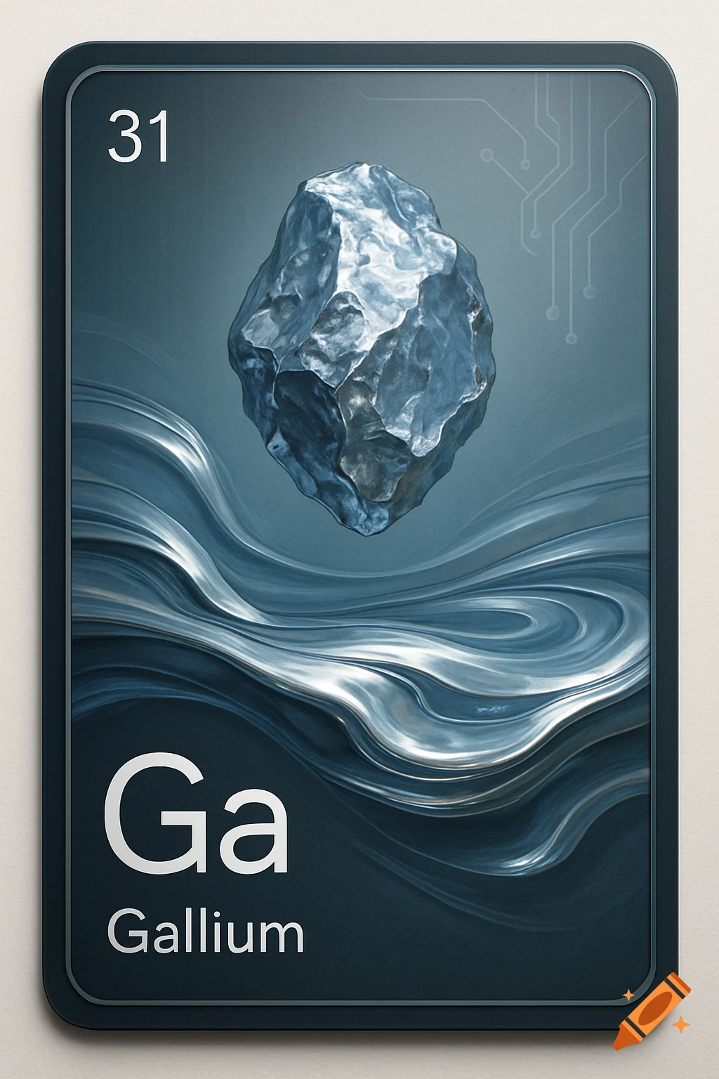 Stylized dark blue periodic element card for Gallium, atomic number 31, with a metallic nugget and flowing waves.