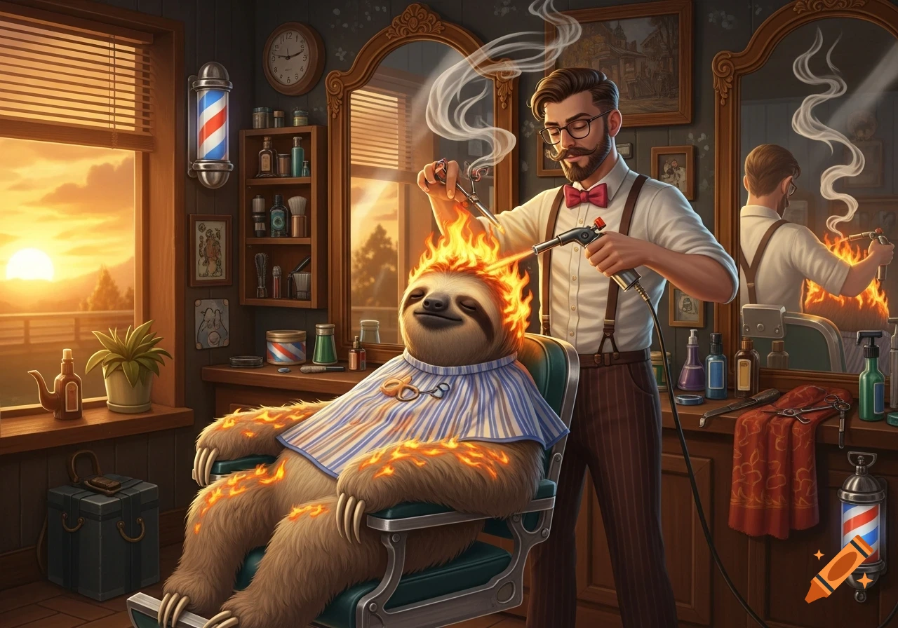 A sloth gets a fiery haircut from a barber using a torch in a vintage barbershop, with a sunset visible through the window.