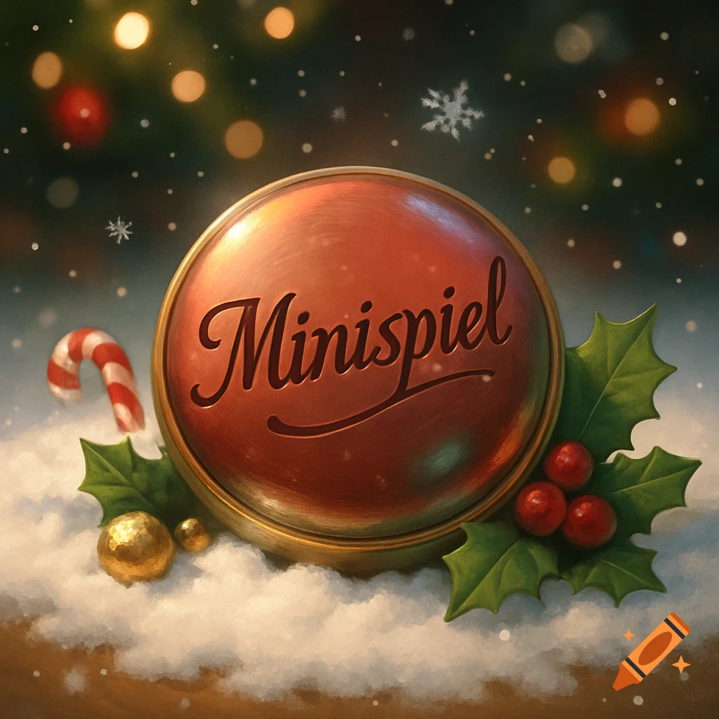 A festive Christmas illustration of a red button inscribed 'Minispiel' on a bed of snow, surrounded by holly, a candy cane, and golden ornaments, with bokeh lights.