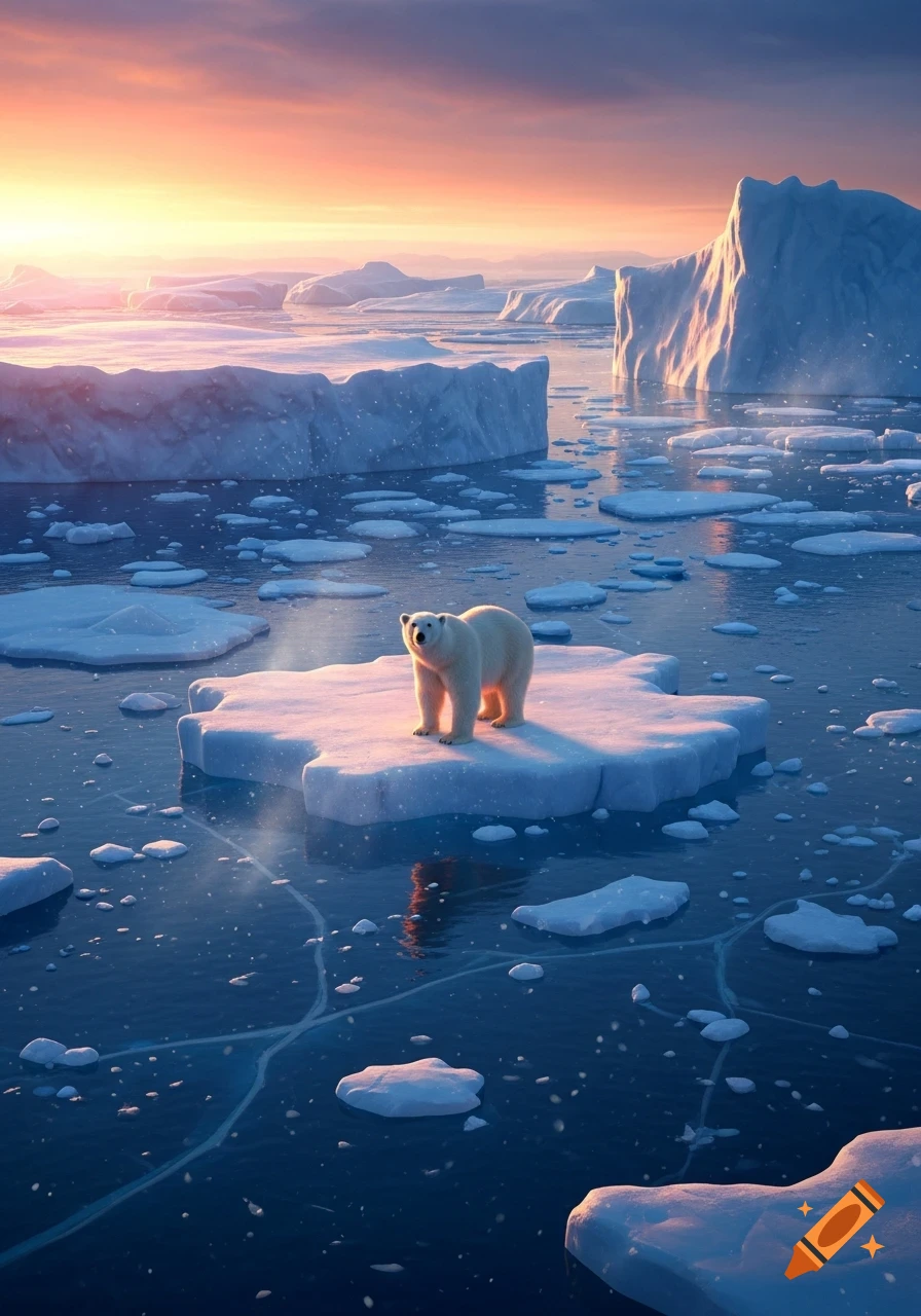 A photorealistic polar bear stands on an ice floe in an arctic sea at sunrise, surrounded by icebergs.