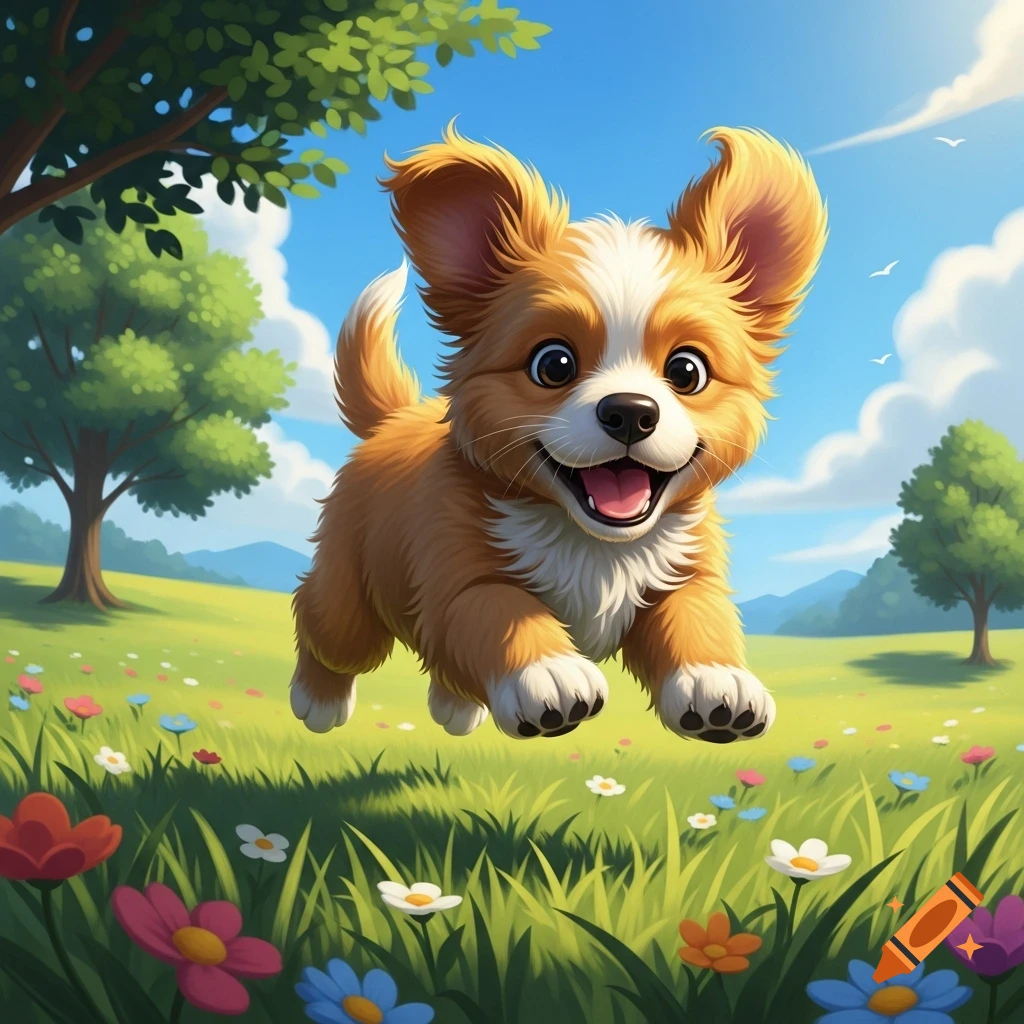 A happy cartoon puppy with big ears jumps through a vibrant green meadow filled with colorful flowers under a bright blue sky.
