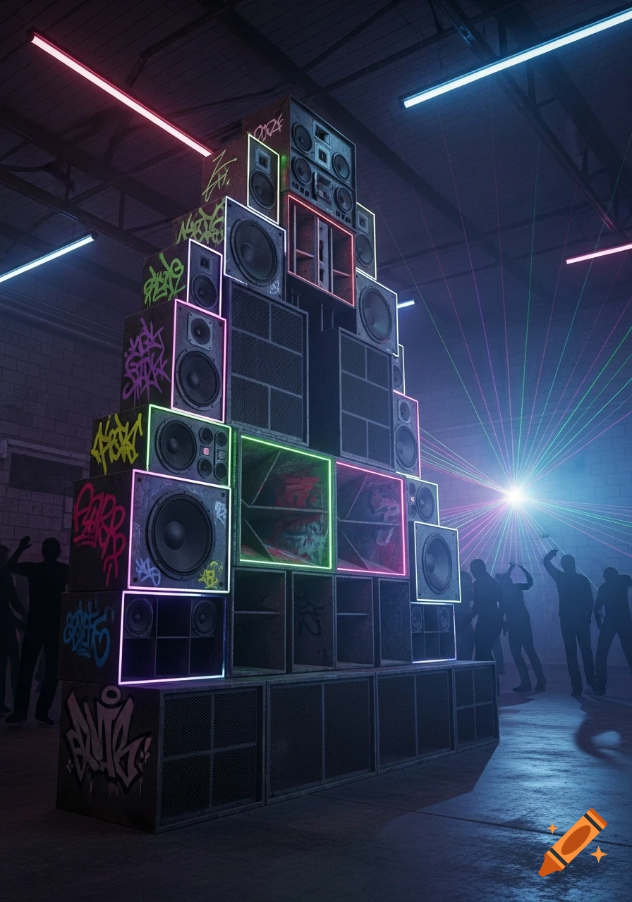 A towering UK rave sound system covered in colorful neon outlines and graffiti, with laser lights beaming over silhouetted dancers in a dark warehouse.
