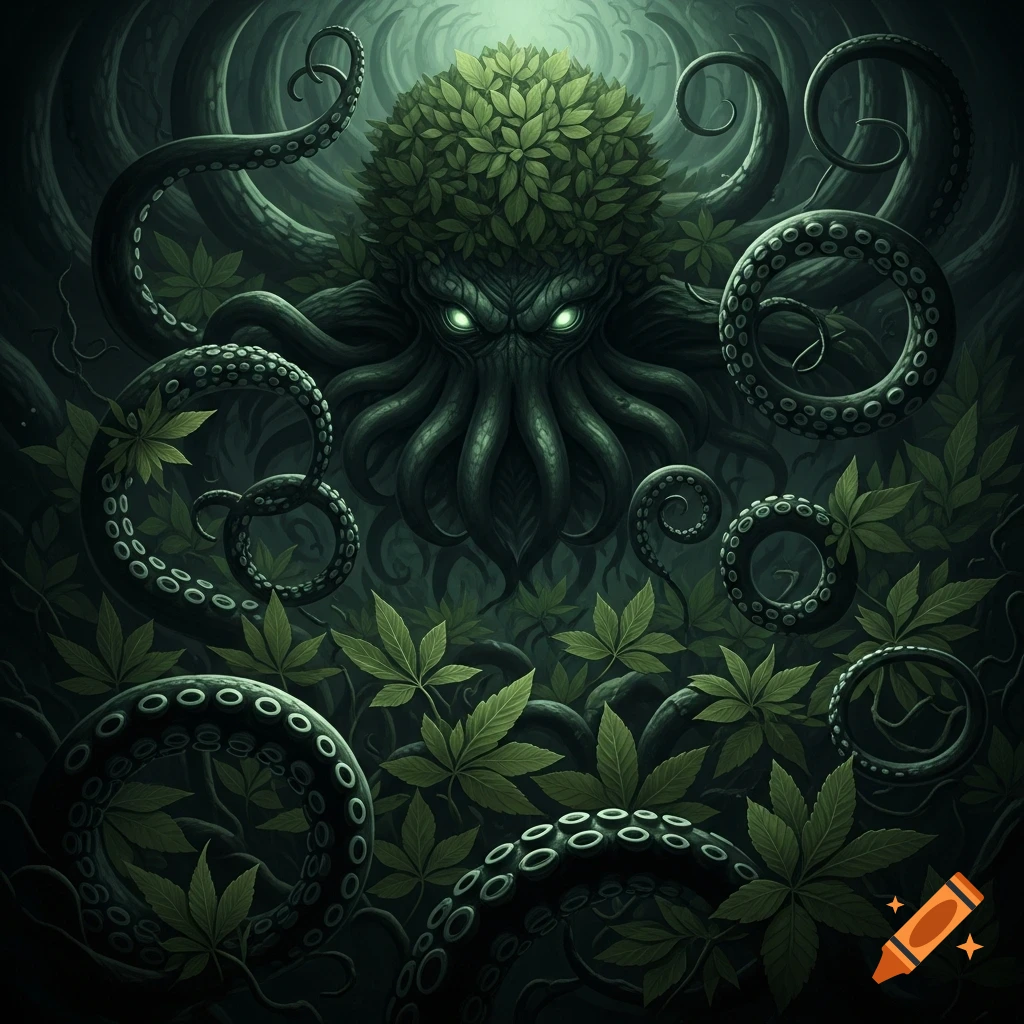 Dark fantasy illustration of a Cthulhu-like entity with glowing eyes and leafy head, surrounded by tentacles and lush green leaves.