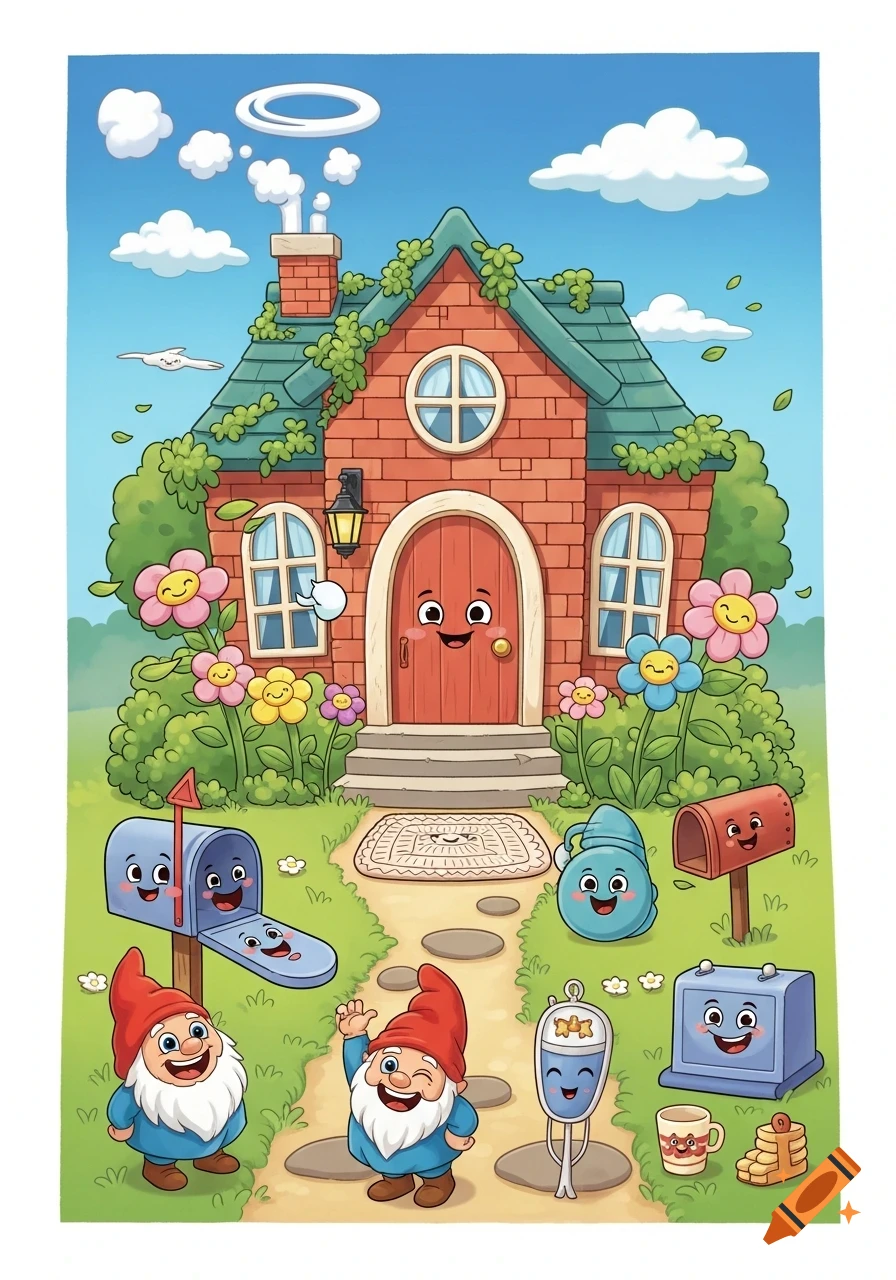 A colorful, whimsical cartoon illustration of a smiling brick house with gnomes, mailboxes, and flowers in a vibrant garden.