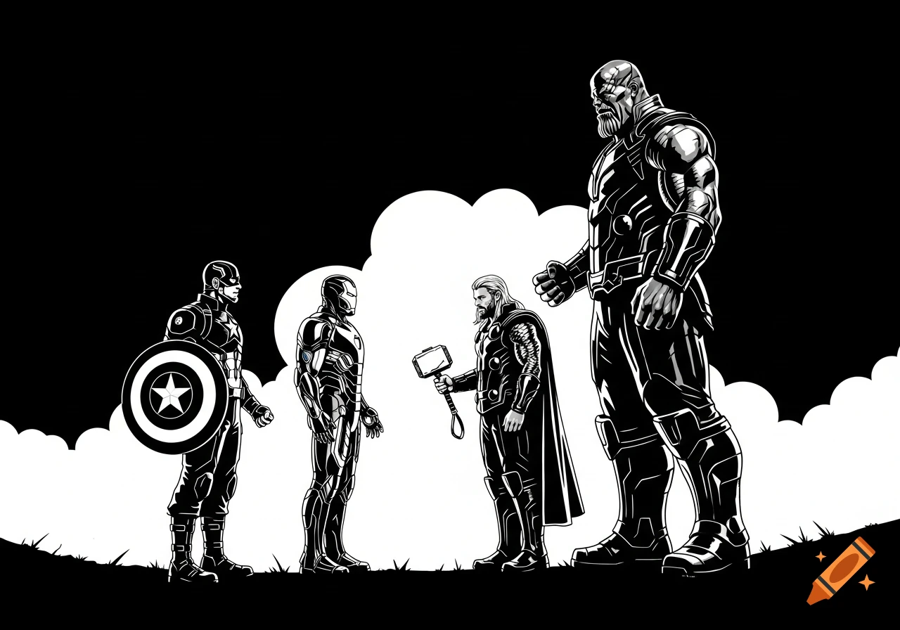 Black and white comic art of Captain America, Iron Man, and Thor facing off against a giant Thanos.
