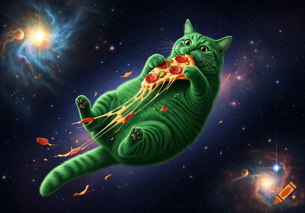 A vibrant green cat floats in deep space, happily eating a cheesy slice of pepperoni pizza.