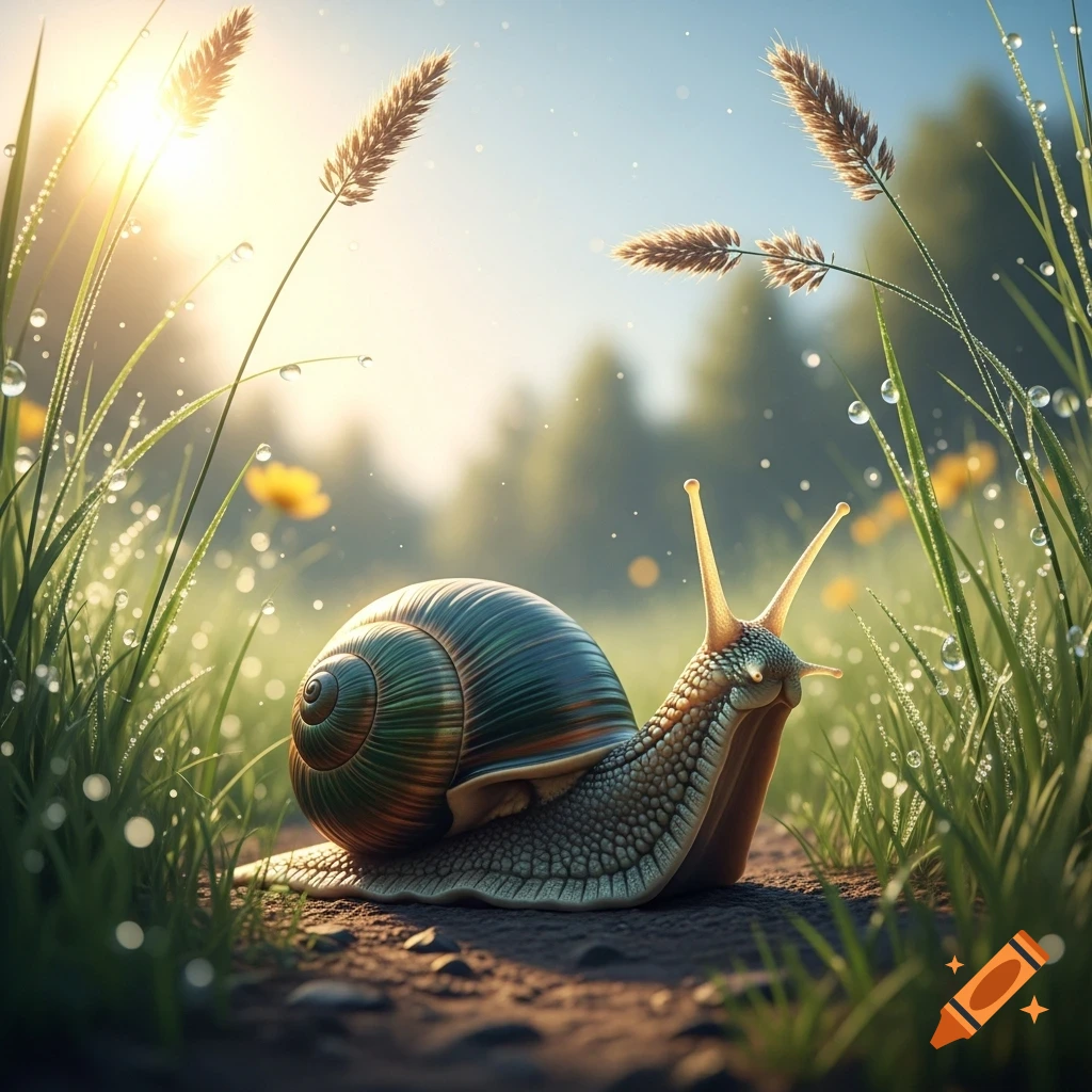 A photorealistic snail with a green shell crawls on a dirt path, surrounded by dewy grass and illuminated by warm sunlight.