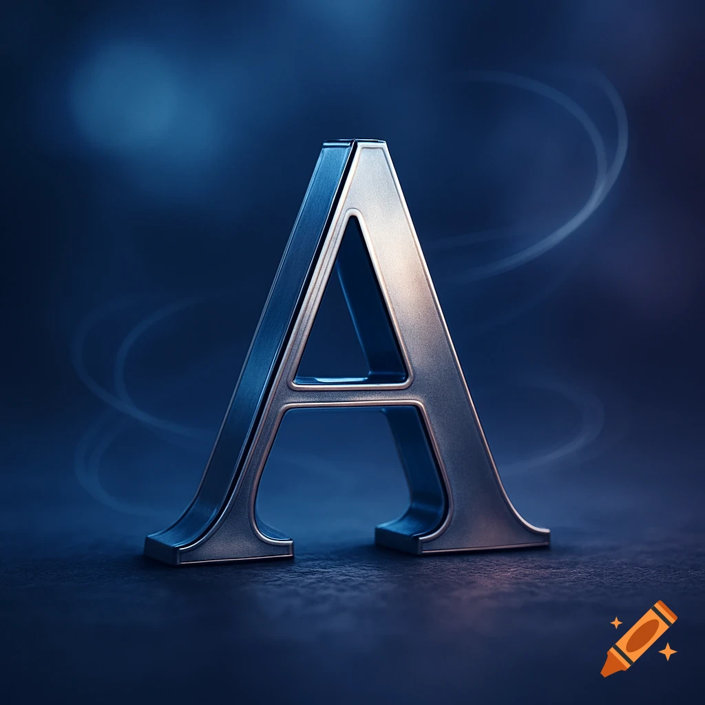 A metallic, stylized capital letter A stands on a dark blue surface with subtle light effects.