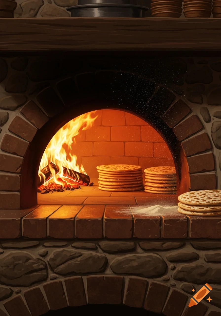 Rustic brick oven with a roaring fire, stacks of matzo flatbreads, and a pile of flour on the hearth in an illustrative style.