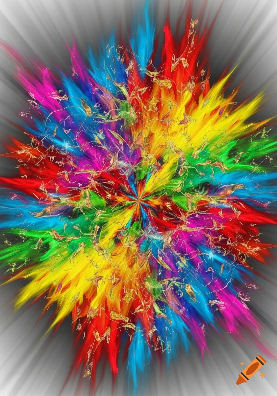 Vibrant abstract burst of rainbow colors with golden filigree radiating outwards on a grey background.