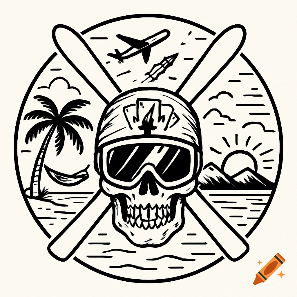 Black and white line art of a skull in ski goggles and bandana, with crossed skis, palm tree, ocean, mountains, sunset, plane, and rocket.
