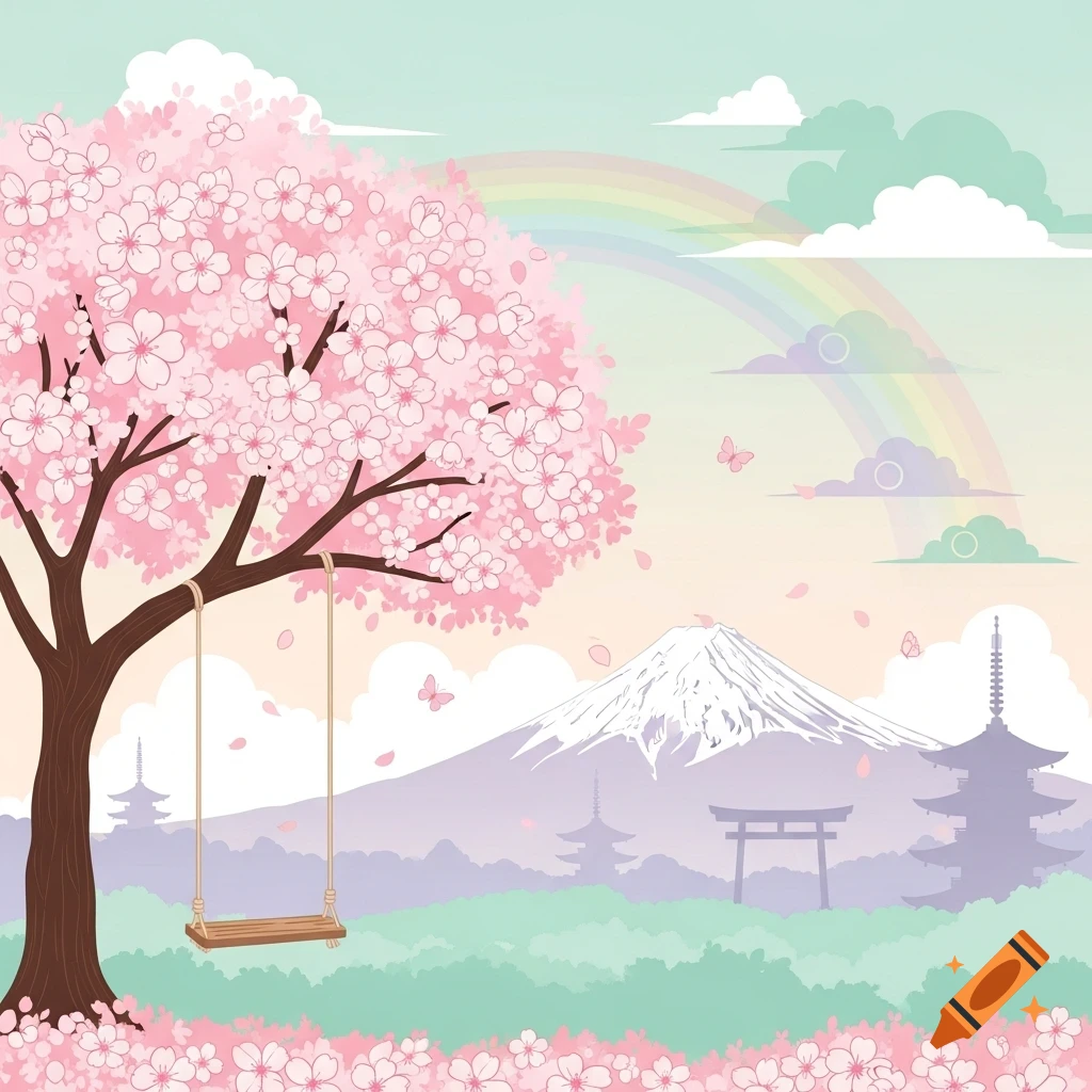Pastel vector illustration of a cherry blossom tree with a swing, Mount Fuji, and pagodas in a Japanese landscape with a rainbow.